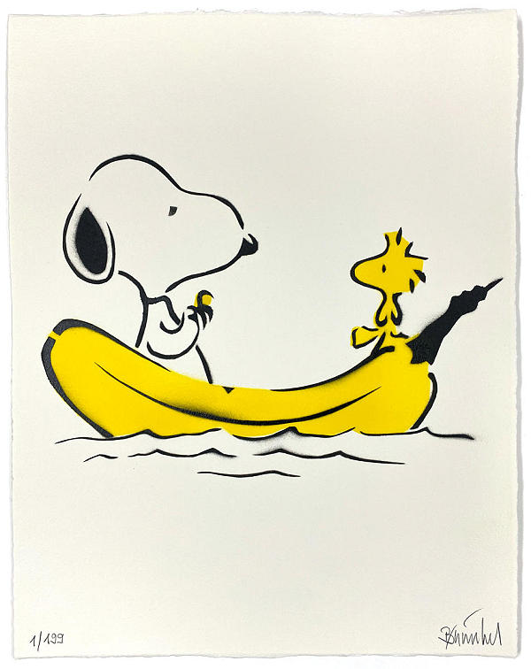 Snoopy & Woodstock, Sprühlack auf Büttenpapier, 50 x 39 cm.