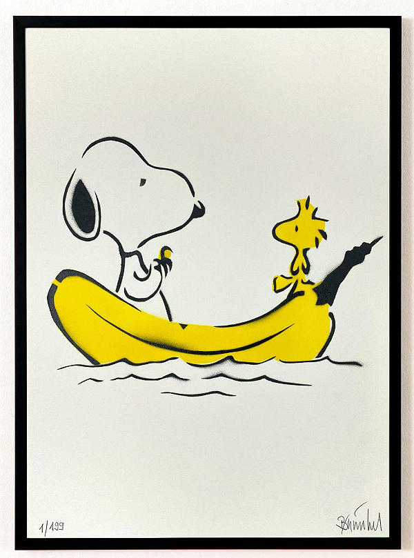 Snoopy & Woodstock, Sprühlack auf Büttenpapier, 50 x 39 cm, schwarzer Rahmen.