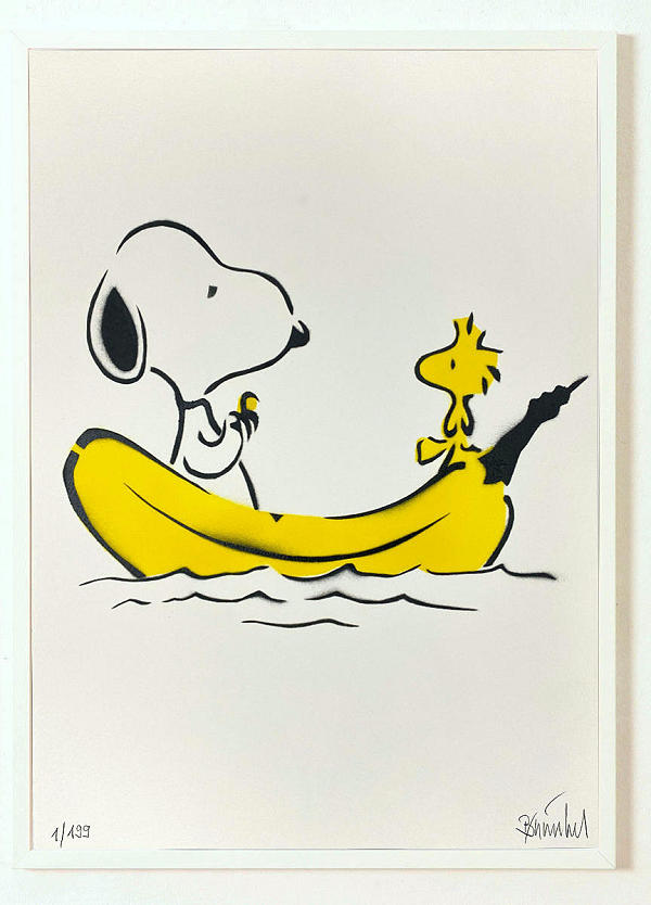 Snoopy & Woodstock, Sprühlack auf Büttenpapier, 50 x 39 cm, weisser Rahmen.