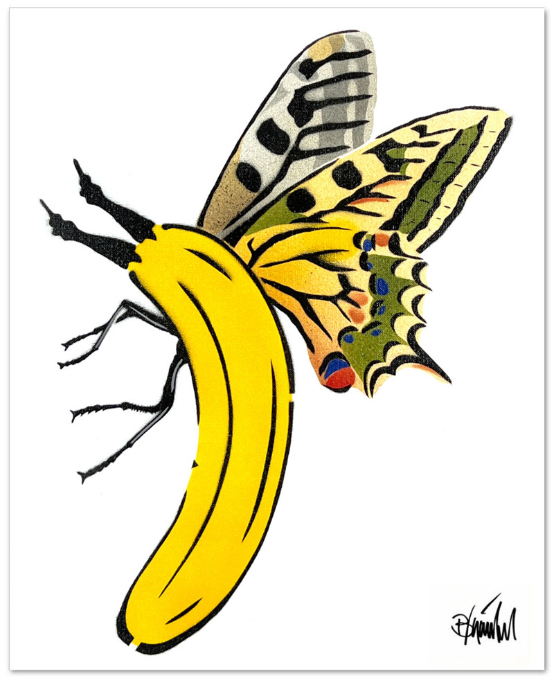Schmetterling-Banane von Thomas Baumgärtel, Stencil auf Leinwand, 50 x 40 cm, signiert.